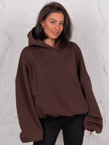 Dresowa bawełniana BLUZA z kapturem oversize szeroka brązowa E644