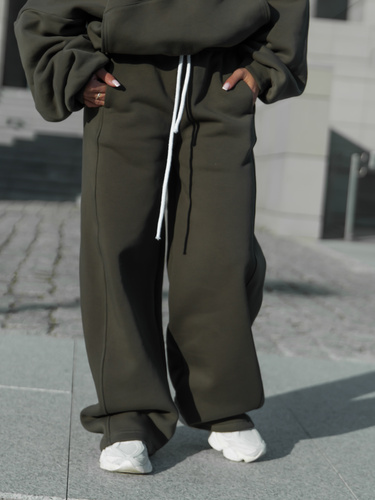 Dresowe bawełniane SPODNIE oversize ze średnim stanem z przeszyciami dark khaki X401