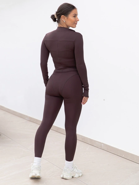 FITNESS / SIŁOWNIA / JOGA dopasowana BLUZA zapinana na zamek z długim rękawem czekoladowa F104