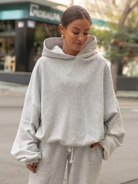 Oversizowa bawełniana BLUZA z dresu drapanego z kapturem szary melanż X478