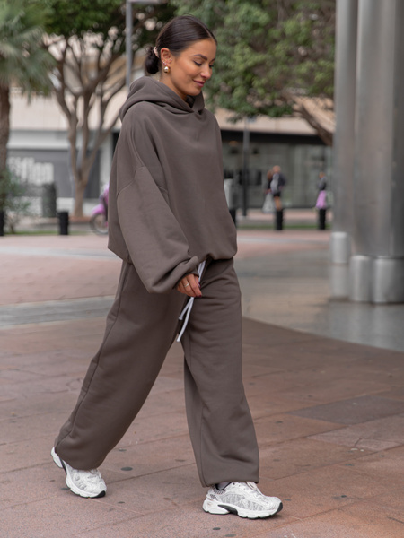 Dresowe bawełniane SPODNIE baggy niski stan dark mokka X403