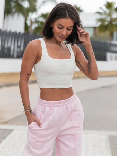 Basic krótki TOP na ramkach z modalu o fakturze prążka ecru X9 k01