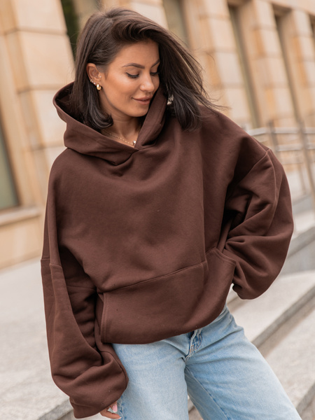 Viralowa Dresowa bawełniana BLUZA z kapturem oversize szeroka brązowa E644