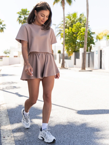 Dresowy bawełniany KOMPLET krótki oversizowy t-shirt i krótkie spodenki mocca X133