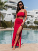 Dopasowany KOMPLET top opaska i maxi spódnica z wycięciem na nogę czerwony X132 k01
