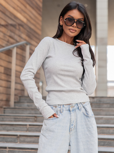 Basic Bawełniana BLUZKA z prążkowanej dzianiny szary melanż X355 k01