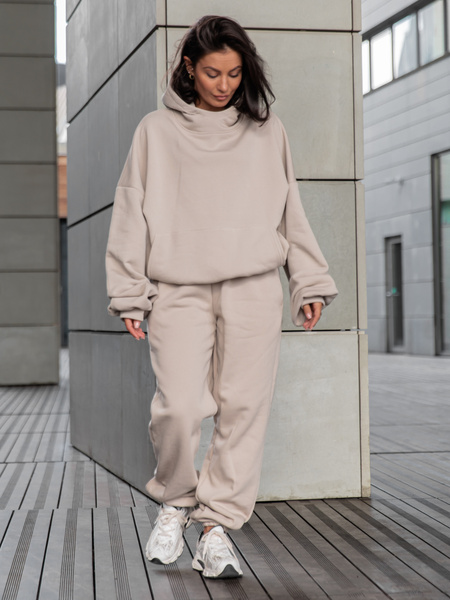 Viralowa Bawełniana BLUZA z drapanego dresu z kapturem na stójce z kieszeniami kangurka stone E1