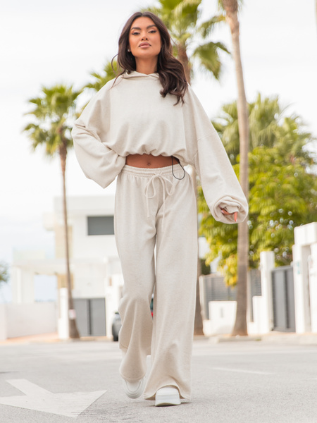 Oversizowa BLUZA ze ściągaczem z bawełnianej dresówki z lnem z troczkami beż melanż X27 k01