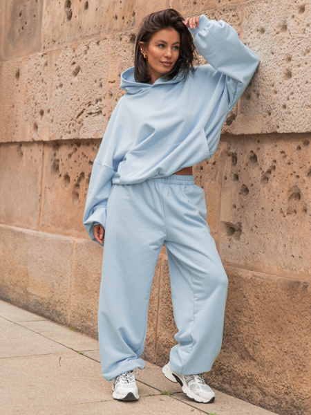 Luźna BLUZA z kapturem oversize szeroka z bawełnianej dresówki niedrapanej od wewnątrz baby blue X150 k01