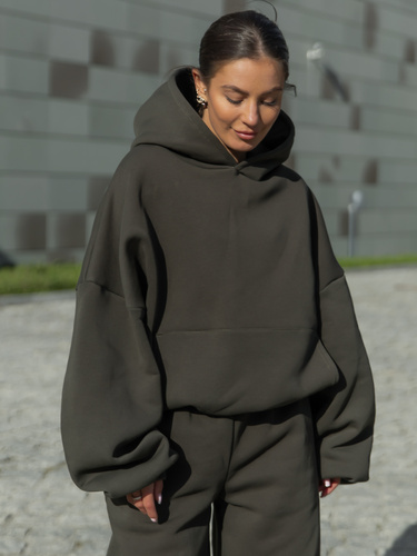 Viralowa Dresowa bawełniana BLUZA z kapturem oversize szeroka dark khaki E644