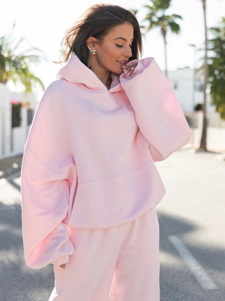 Viralowa Dresowa bawełniana BLUZA z kapturem oversize szeroka baby pink E644