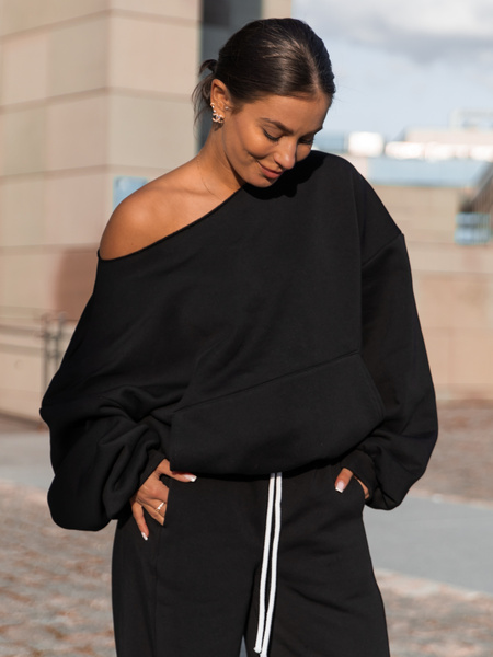 Dresowa bawełniana BLUZA opuszczana na ramiona oversize szeroka czarna X400