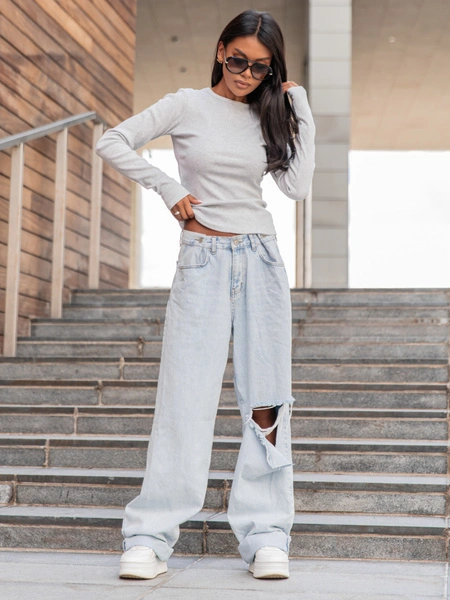 Basic Bawełniana BLUZKA z prążkowanej dzianiny szary melanż X355