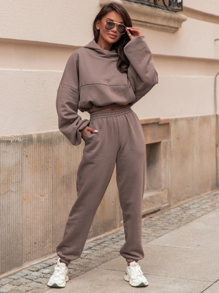 Dresowe bawełniane SPODNIE z wysokim stanem luźny krój ze ściągaczami coffee E341 k01