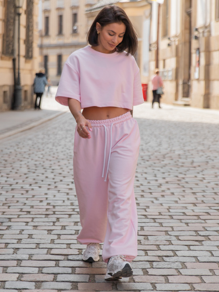 Luźne SPODNIE baggy ze sznurkiem z bawełnianej dresówki niedrapanej od wewnątrz baby pink X217