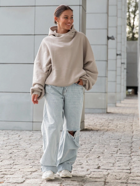 Viralowa Bawełniana BLUZA z drapanego dresu z kapturem na stójce z kieszeniami kangurka stone E1