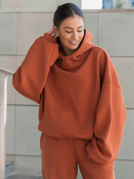Viralowa Bawełniana BLUZA z drapanego dresu z kapturem na stójce z kieszeniami kangurka pumpkin orange E1