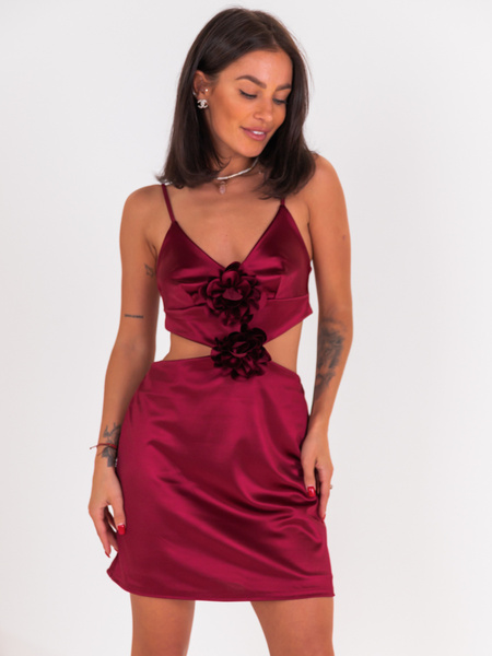 Elegancka satynowa SUKIENKA na cienkich ramiączkach z ozdobnymi różami bordowa E527 k01