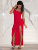 Elegancka maxi SUKIENKA asymetryczna z przekładanym dołem z materiału pokrytego brokatem czerwona D653 k01
