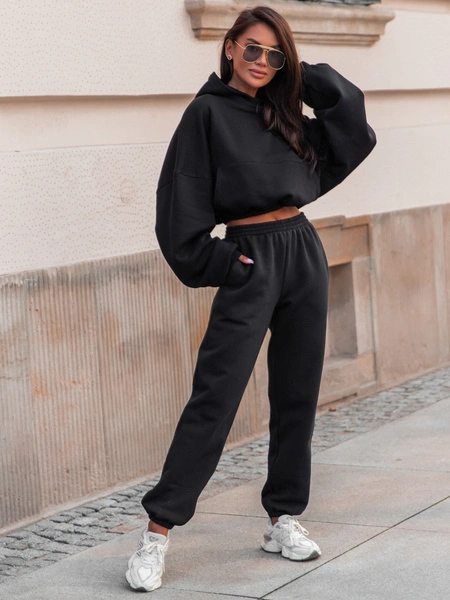 Dresowe bawełniane SPODNIE z wysokim stanem luźny krój ze ściągaczami czarne E341