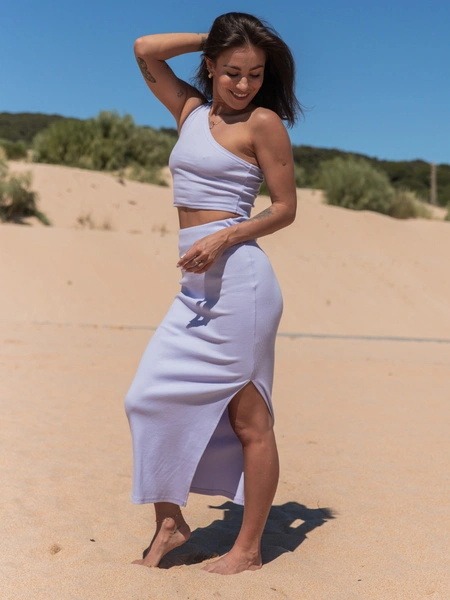 Bawełniany KOMPLET asymetryczny top i maxi spódnica z prążka liliowy X109 k01