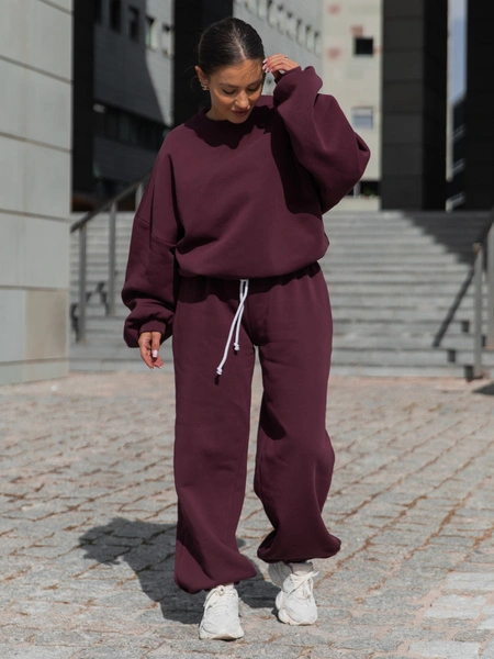 Dresowe bawełniane SPODNIE baggy niski stan deep plum / śliwkowe X403