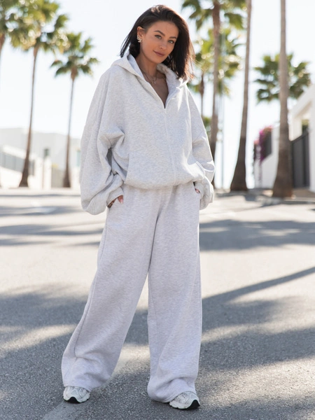 Dresowe bawełniane SPODNIE  z szerokimi nogawkami szary melanż X31