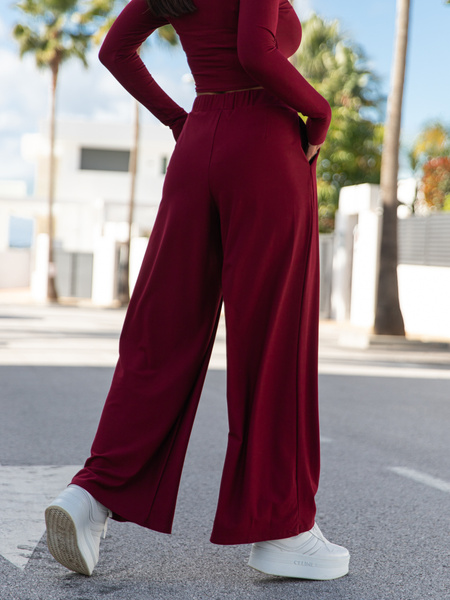 Szerokie SPODNIE z wiskozy z wysokim stanem z zaszewkami bordowe X18 k01