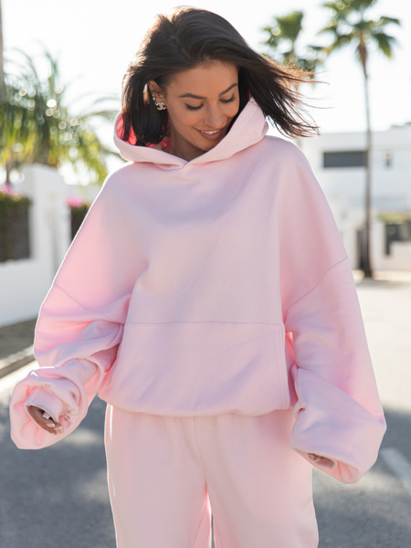 Viralowa Dresowa bawełniana BLUZA z kapturem oversize szeroka baby pink E644