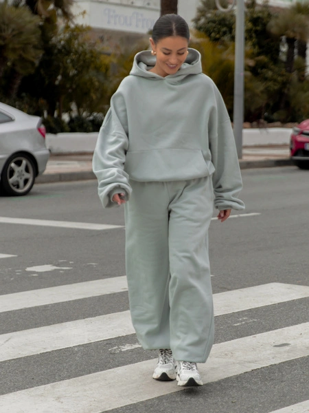 Oversizowy KOMPLET z drapanego bawełnianego dresu szeroka bluza z kapturem kangurka i spodnie szerokie baggy szałwiowy E644 + E643