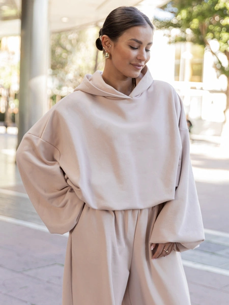 Bawełniana dresowa BLUZA z kapturem oversize z szerokimi rękawami z dresu pętelkowego beżowa X515