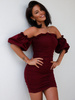 Gorsetowa bawełniana sukienka z szerokimi rękawami bordowa D272 k01