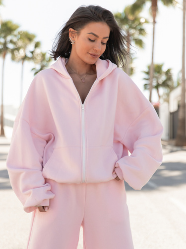 Oversizowa BLUZA z kapturem zapinana na zamek bluzowana kangurka z bawełnianej dresówki baby pink X1