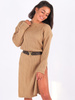 Sweter midi sukienka z rozporkami po bokach camel k07