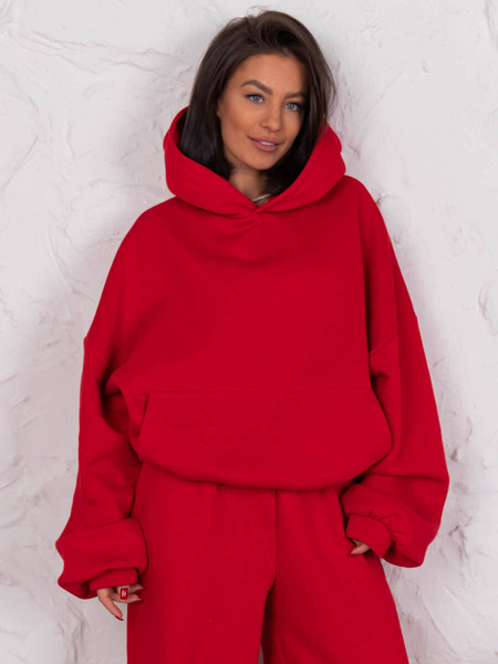 Dresowa bawełniana BLUZA z kapturem oversize szeroka czerwona E644