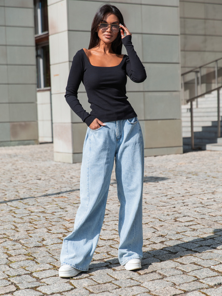 Basic Bawełniana BLUZKA z prążkowanej dzianiny z kwadratowym dekoltem czarna X406