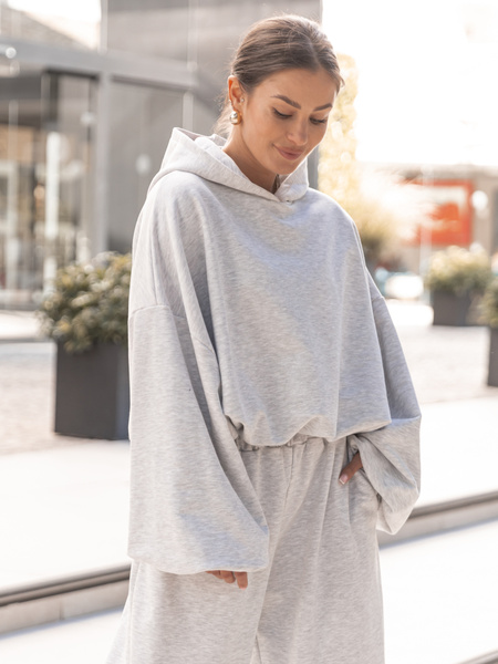Bawełniana dresowa BLUZA z kapturem oversize z szerokimi rękawami z dresu pętelkowego szary melanż X515