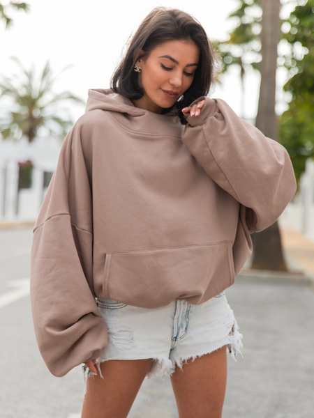 Viralowa Oversizowa BLUZA z kapturem bluzowana kangurka z bawełnianej dresówki mokka X2 k01
