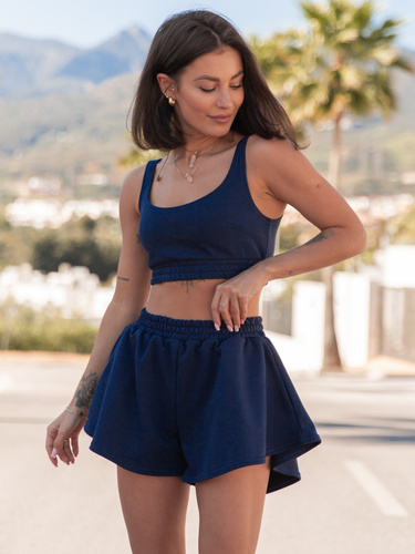 Dresowy bawełniany KOMPLET krótki top na ramkach i krótkie spodenki navy blue X120 k01