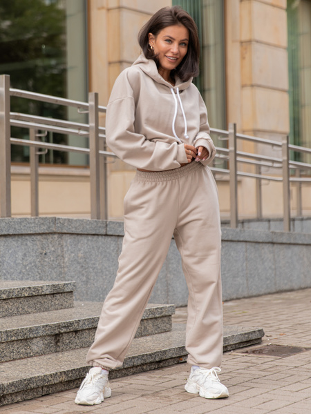 Dresowy bawełniany KOMPLET bluza kangurka z kapturem i spodnie klasyczny krój stone X305