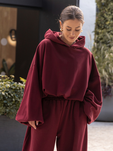 Bawełniana dresowa BLUZA z kapturem oversize z szerokimi rękawami z dresu pętelkowego bordowa X515