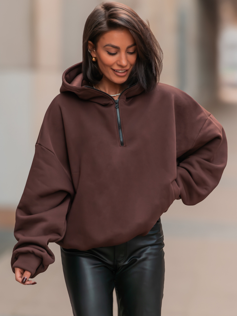 Bawełniana dresowa BLUZA oversize z kapturem na stójce z zamkiem brązowa E536 k01