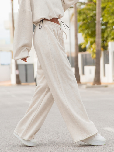 Bawełniane dresowe z lnem SPODNIE z szerokimi nogawkami z wiązaniem beż melanż X28 k01