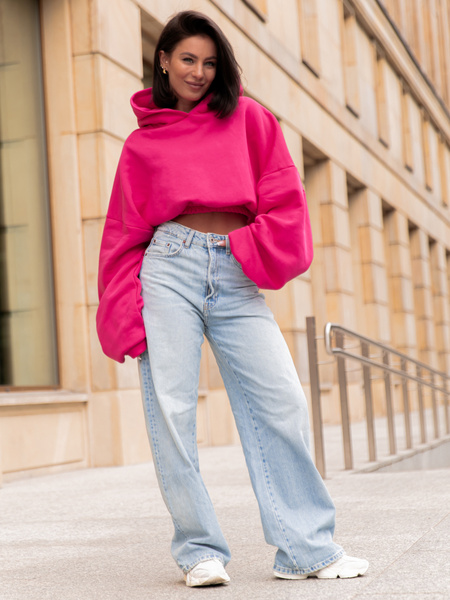 Dresowa bawełniana BLUZA kangurka z kapturem o krótszym kroju bluzowana różowa X304