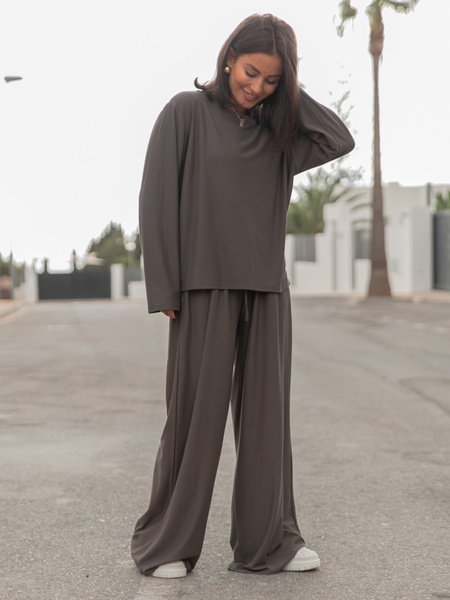 Luźny codzienny KOMPLET z wiscozy oversizowy t-shirt i luźne spodnie dark mokka X475