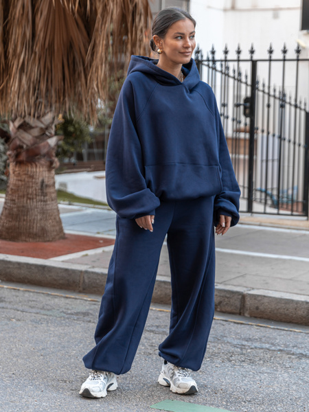 Dresowe bawełniane SPODNIE baggy ze ściągaczami i przeszyciami z dresu drapanego navy blue X510