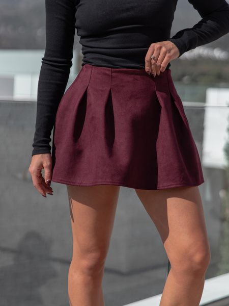 Zamszowa SPÓDNICA z wszytymi spodenkami bordowa X471