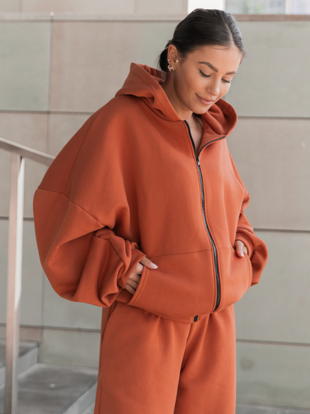 Oversizowa BLUZA z kapturem zapinana na zamek bluzowana kangurka z bawełnianej dresówki pumpkin orange X1