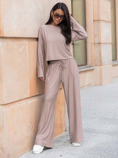 Codzienny komfortowy KOMPLET z wiscozy luźna bluzka z długim rękawem i szerokie spodnie mokka X318