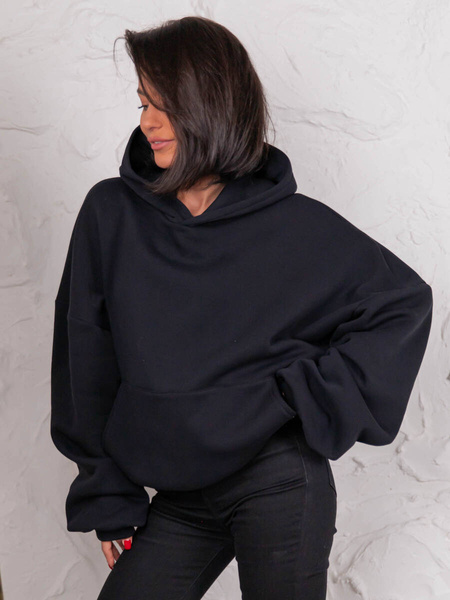 Dresowa bawełniana BLUZA z kapturem oversize szeroka czarna E644